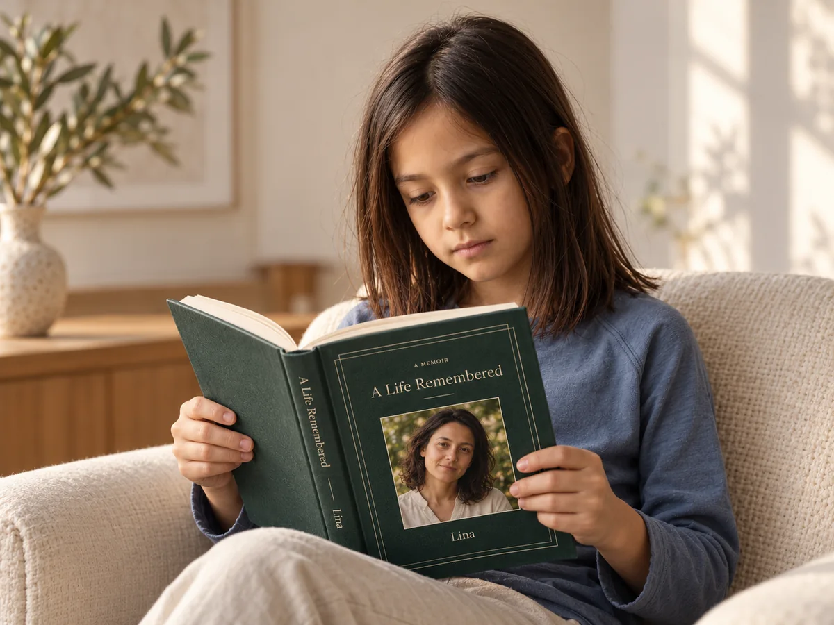 Mia reading a memoir about her mother, Lina