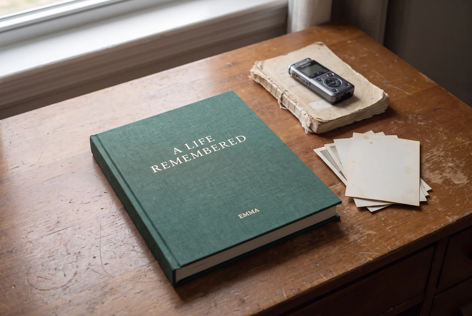 A clothbound memoir beside family photographs and a voice recorder