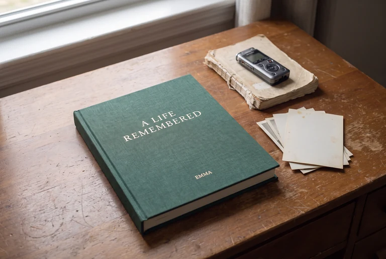 A clothbound memoir beside family photographs and a voice recorder