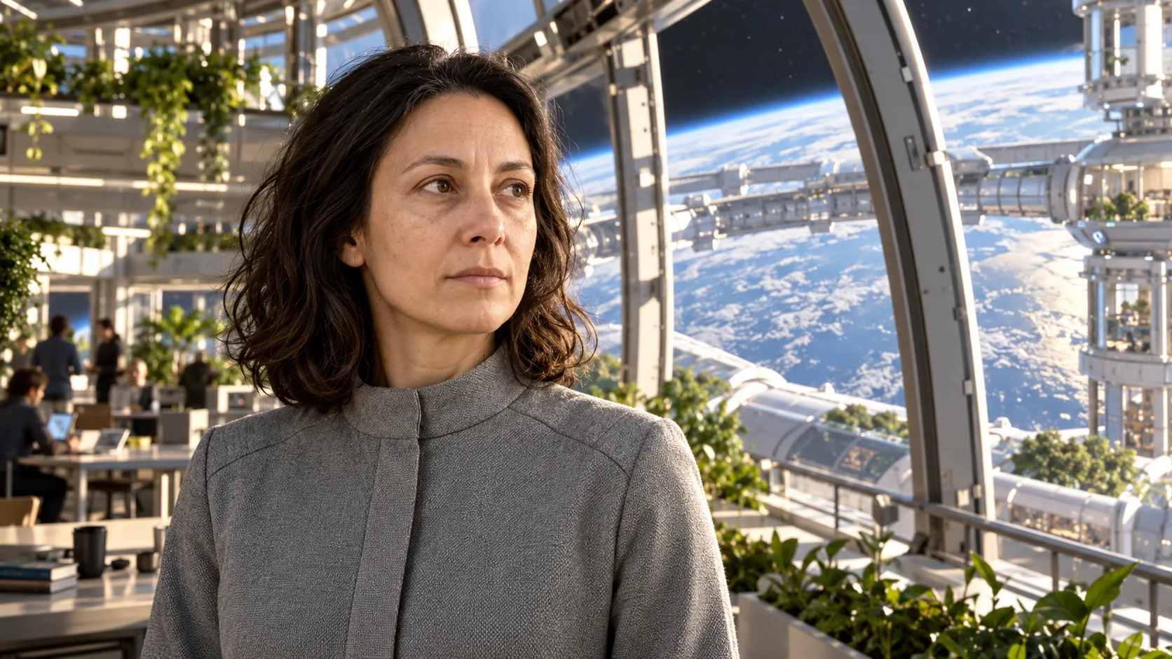 Lina looking toward Earth from an imagined future observatory