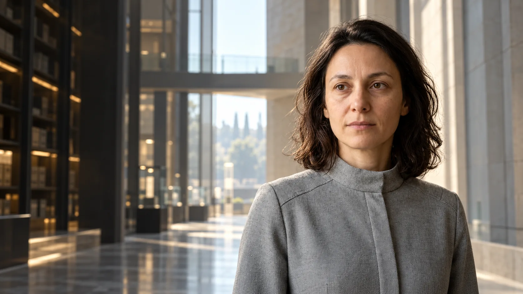 Lina standing in a quiet, sunlit future archive