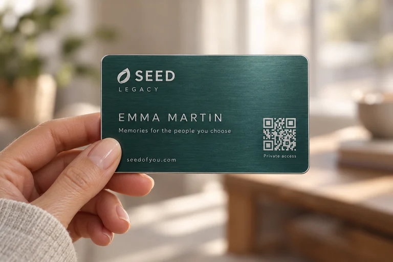 A hand holding a teal SEED Legacy card with a QR code