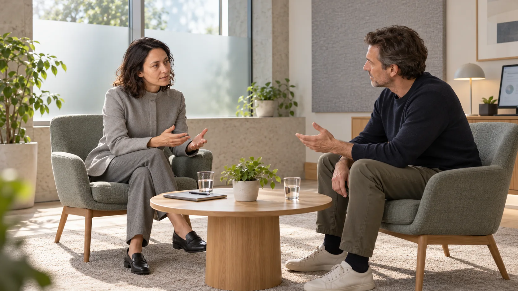 A calm conversation in a private, light-filled room