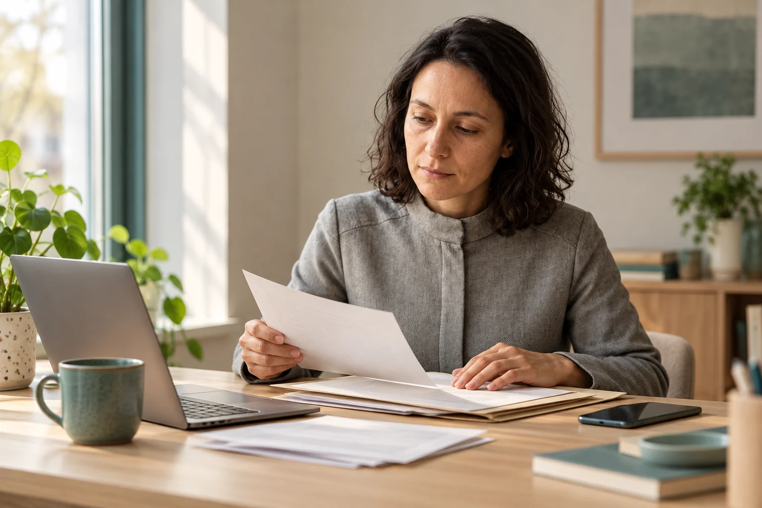 Lina reviewing a folder of records at a quiet desk before a professional appointment.