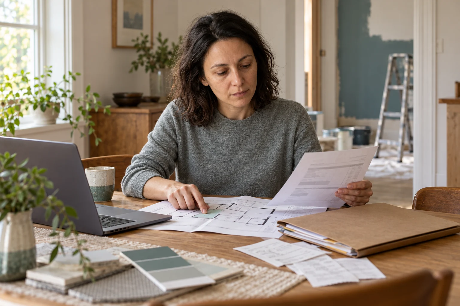Lina preparing a home renovation meeting with an organized folder, a floor plan and a laptop.