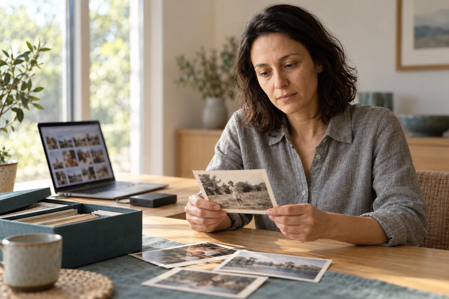 Lina rediscovering a printed family photograph beside her digital photo collection.