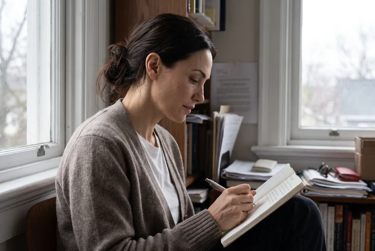 Emma reflecting on her notes beside a window
