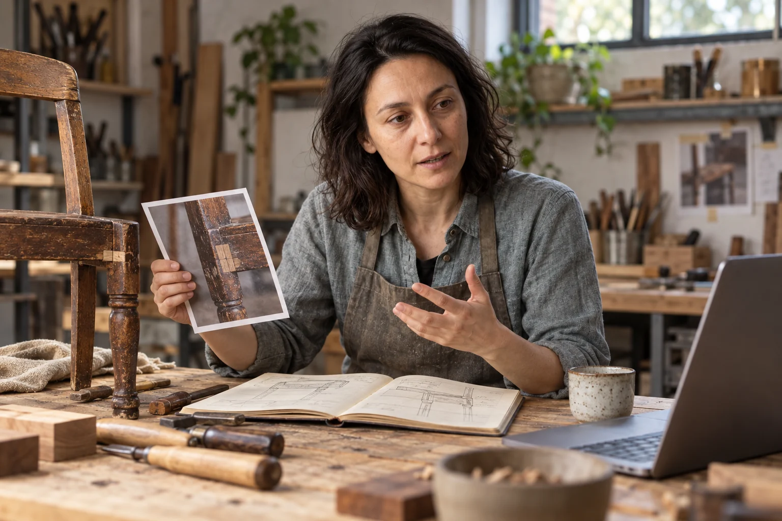 Lina connecting a workshop photograph and handwritten repair notes into a practical guide at a workbench.