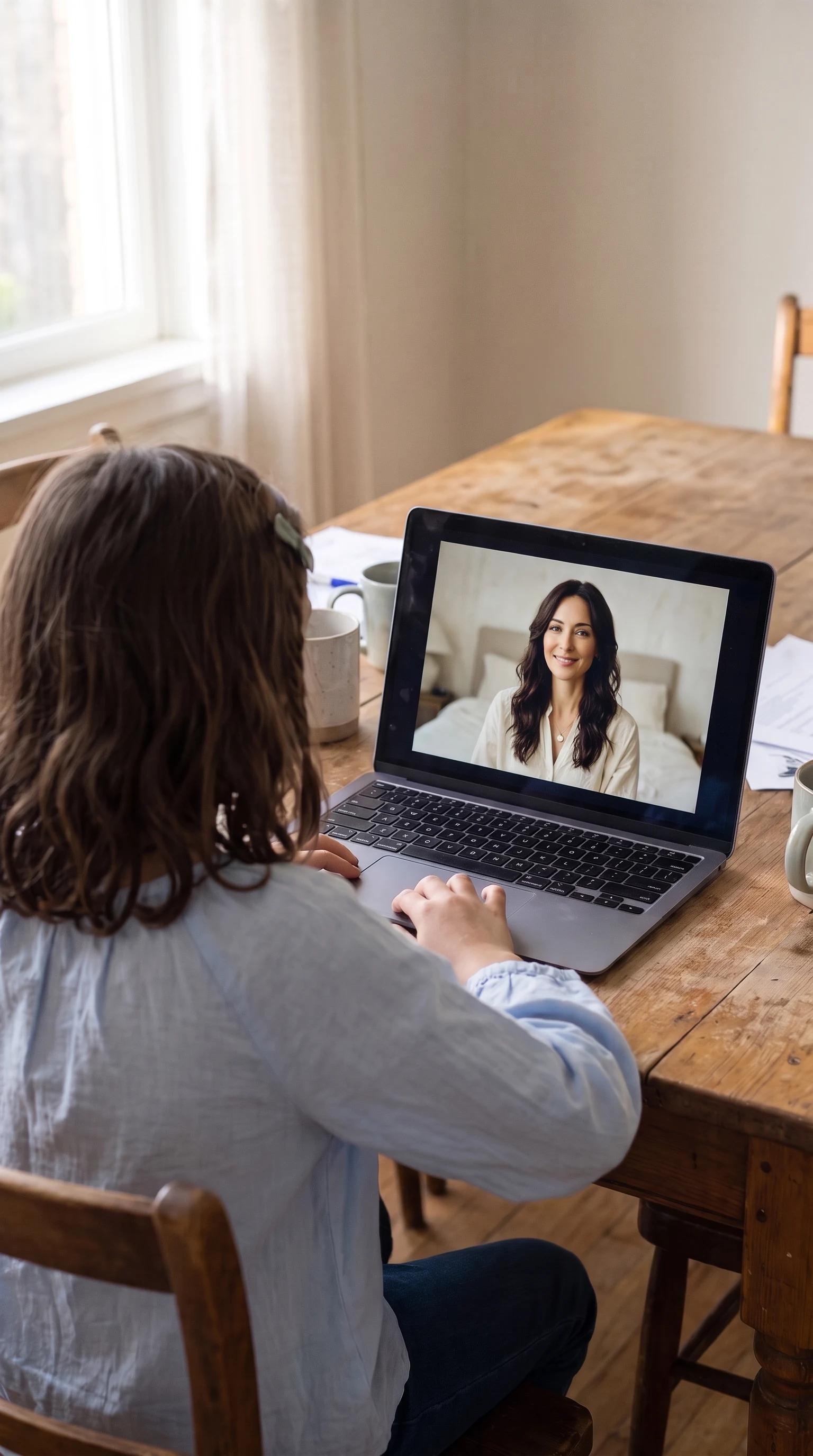 Maya at a laptop with Emma on its screen