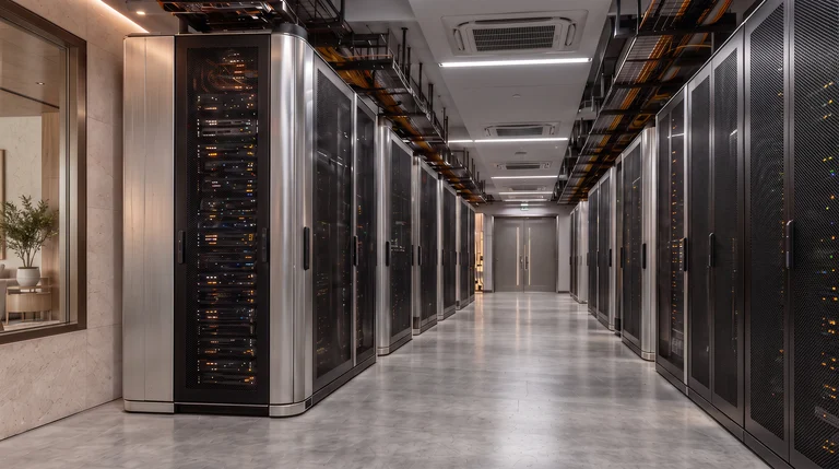 An aisle of enclosed cabinets in the vault room