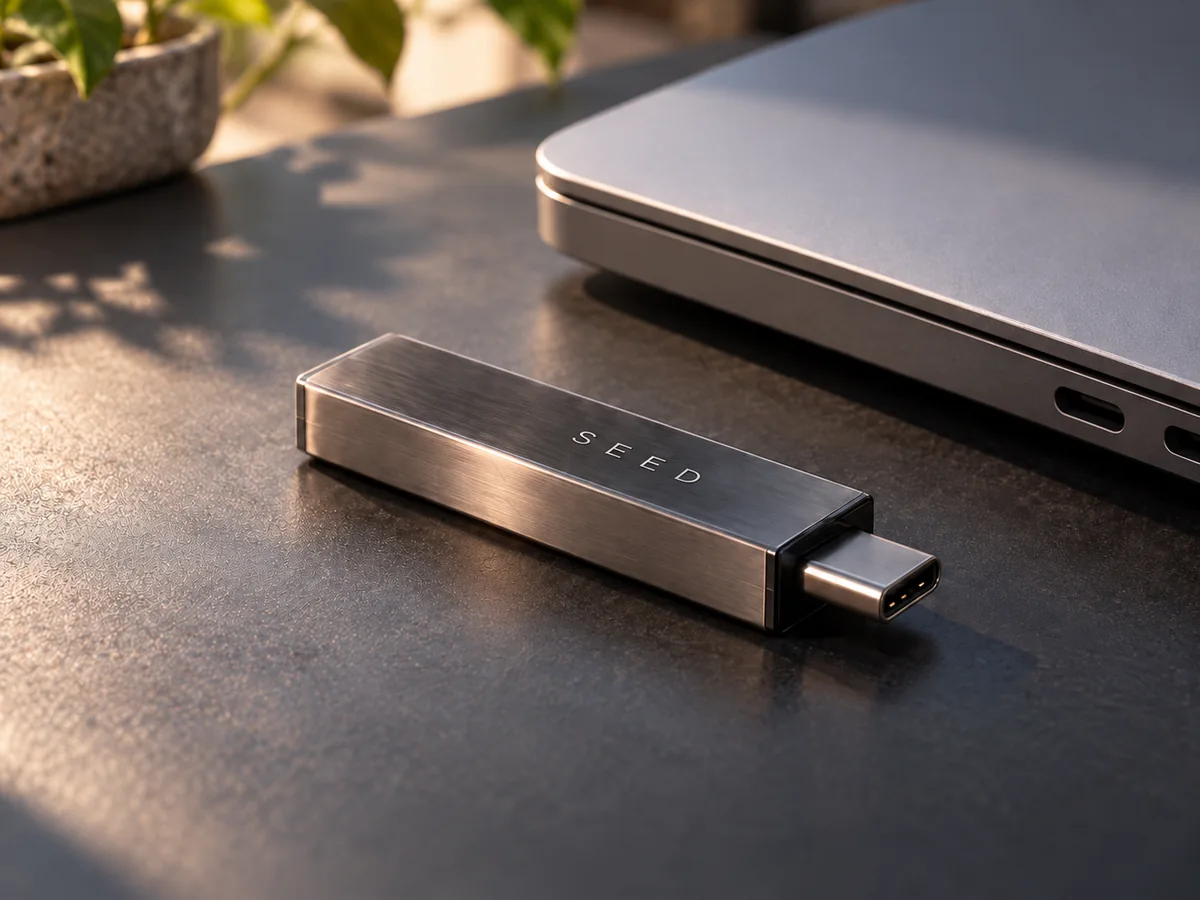 A brushed-metal USB-C archive concept beside a laptop