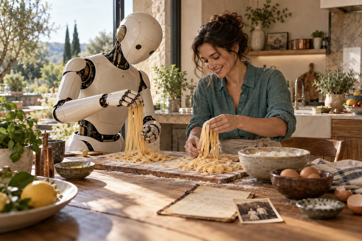 An imagined personal robot and a woman making fresh pasta together in a sunlit kitchen